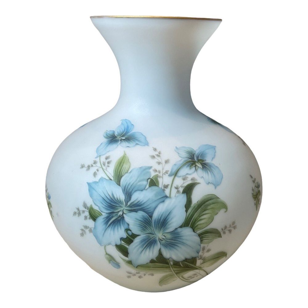 Vintage Italian Vase 10 Inch Frosted Blue Satin Art Glass Iris Flowers Gold Gilt